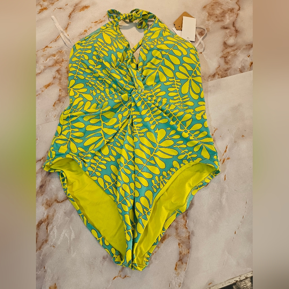 Trina Turk Vibrant Green and Yellow Halter Swimsuit Size 12 Large Nwt